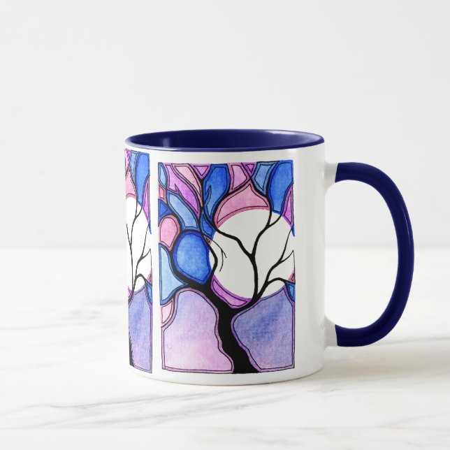 Caneca Árvore e lua da aguarela - azul e rosa (Direita)