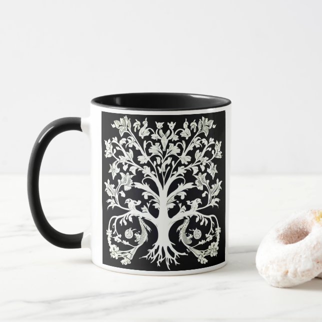 Caneca Árvore Floral da Vida em Branco em Preto (Com Donut)