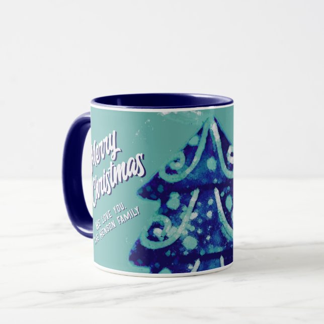 Caneca Árvore natalícia Artística Feliz Azul Família Scri (Frente Esquerda)