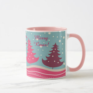 Caneca Árvore retro cor-de-rosa bonito do Feliz Natal,
