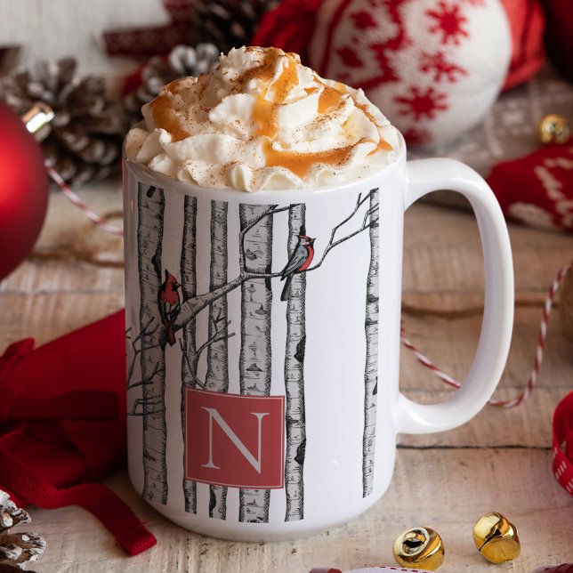 Caneca Árvores de Aves e Aves Cardinais Vermelhas Monogra (Festive & Modern Monogrammed Mug Featuring Red Cardinal Birds on Birch Branches, Hand Drawn in Ink.)