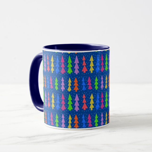 Caneca Árvores de Natal Coloridas em Azul (Frente Esquerda)