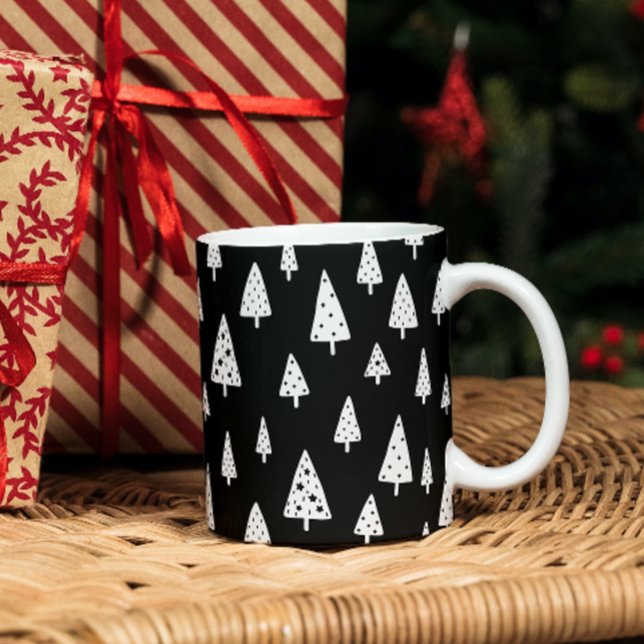 Caneca Árvores de Natal Escandinavas Modernas, Pretas e B (Criador carregado)