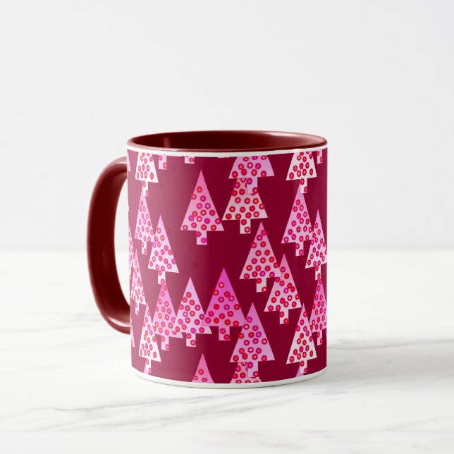 Caneca Árvores de Natal Modernas, Vinho e Rosa (Frente Esquerda)