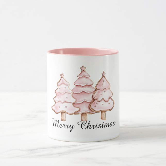 Caneca Árvores de Natal Rosa com Estrelas Douradas (Centro)