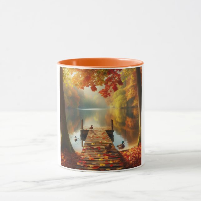 Caneca Árvores de outono e lago com patos (Centro)