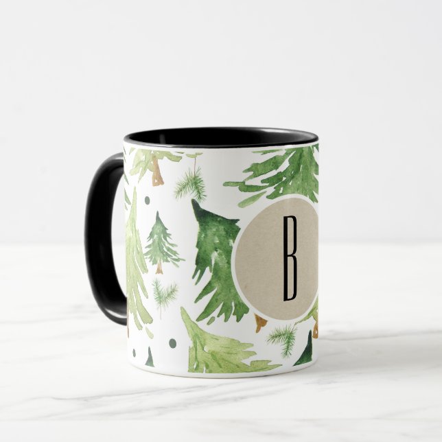 Caneca Árvores de Pinheiro em Aquarela Monograma Rústico  (Frente Esquerda)