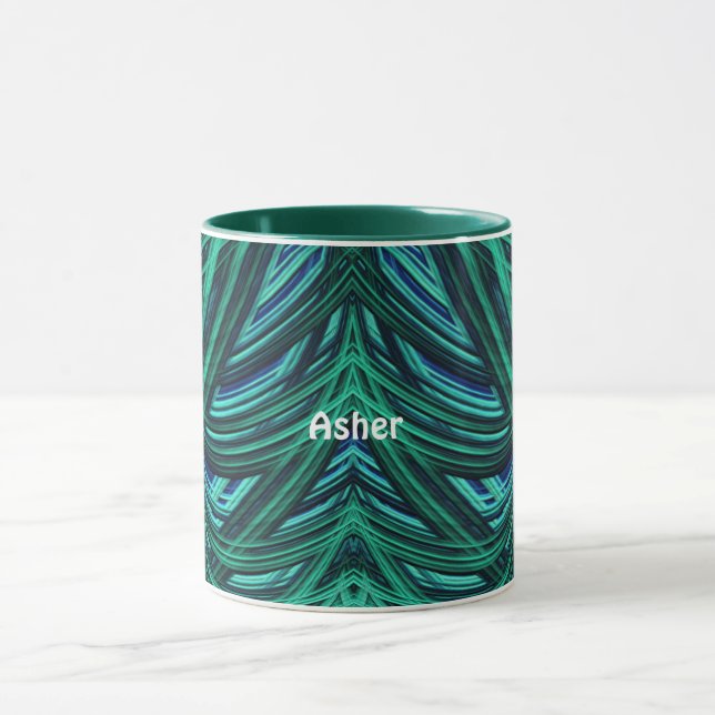 Caneca ASHER ~ Zany 3D Fractal ~ Azul e Verde (Centro)