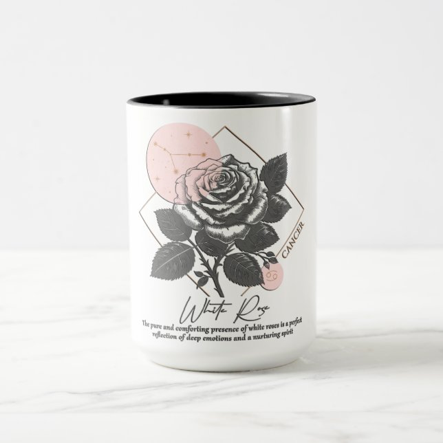 Caneca Astrologia/Cancer Símbolo Zodiac Flor Rosa Branca (Centro)
