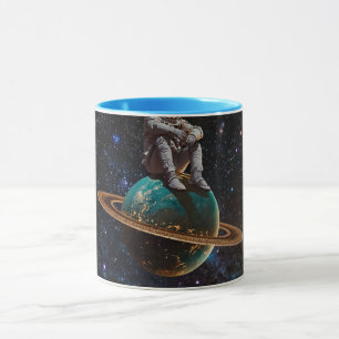 Caneca Astronauta Sentado no Planeta Anelado da Galáxia C