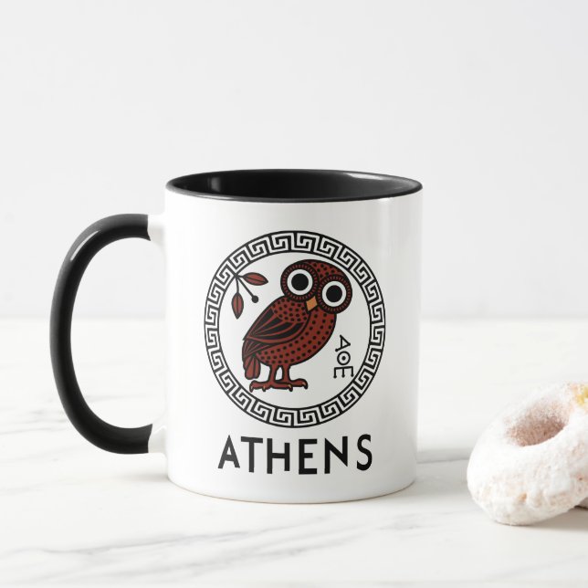 Caneca Atenas, Grécia com Coruja ateniense e Padrão Meand (Com Donut)