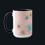 Caneca atômica icónica cor-de-rosa de Starbursts<br><div class="desc">Este teste padrão atômico icónico cor-de-rosa da caneca de Starbursts caracteriza starbursts atômicos icónicos. Isso é direito! A velha escola, primeira senhora Cor-de-rosa coloriu o fundo com salpicos do ouro é o contexto perfeito para a turquesa vibrante, o aipo reconfortante, e os círculos coloridos do verde kitschy da pera. Os...</div>
