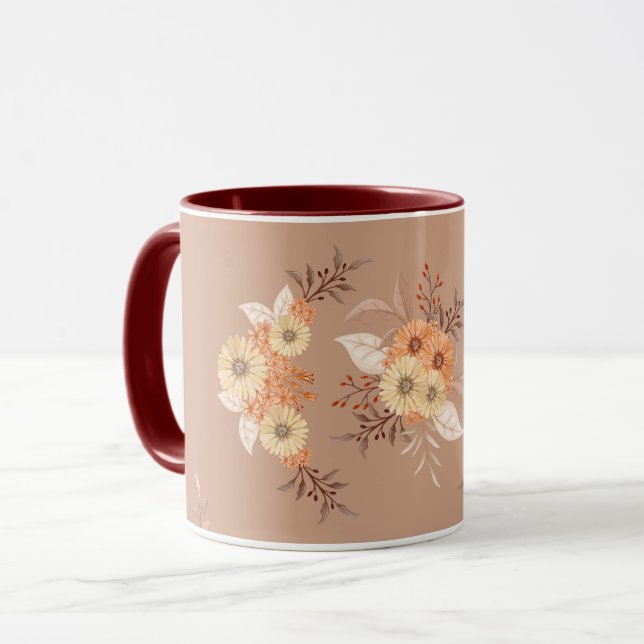 Caneca Autumn Bloom – Warm Beige & Orange Floral Art (Frente Esquerda)
