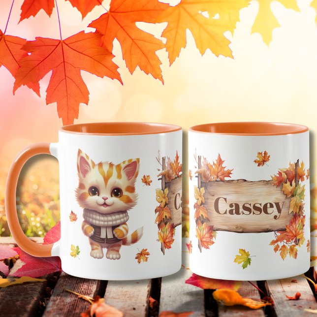 Caneca Autumn Fall Animal Adorable Cat Personalizado (Criador carregado)