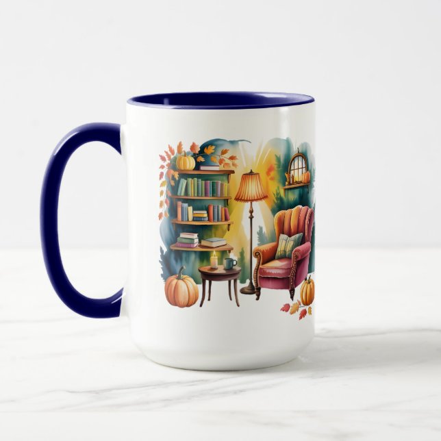Caneca Autumn Reading Chair Mug — Cozy Lamp & Book Corner (Esquerda)