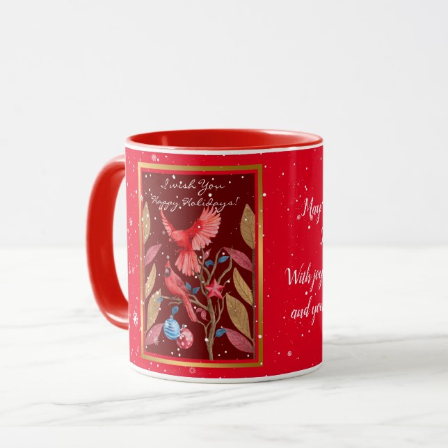 Caneca Aves Cardinais na Árvore de Natal Personalizam (Frente Esquerda)