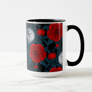 Caneca Aves e flores vermelhas de pénia com folhas azuis