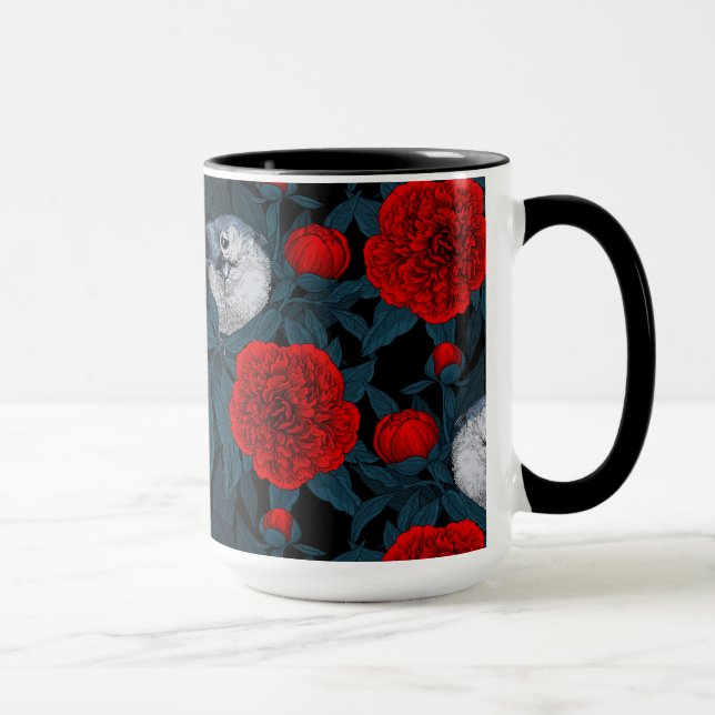Caneca Aves e flores vermelhas de pénia com folhas azuis (Direita)