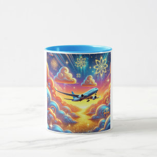 Caneca Avião Voando Através de Céu Colorido