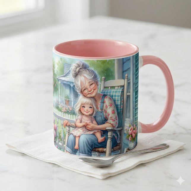 Caneca Avó Netos Abraço no Alpendre (Grandmother Granddaughter Porch Embrace Mug)