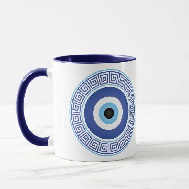 Caneca Aztec Mau de Chave do Círculo Grego Azul Branco (Esquerda)