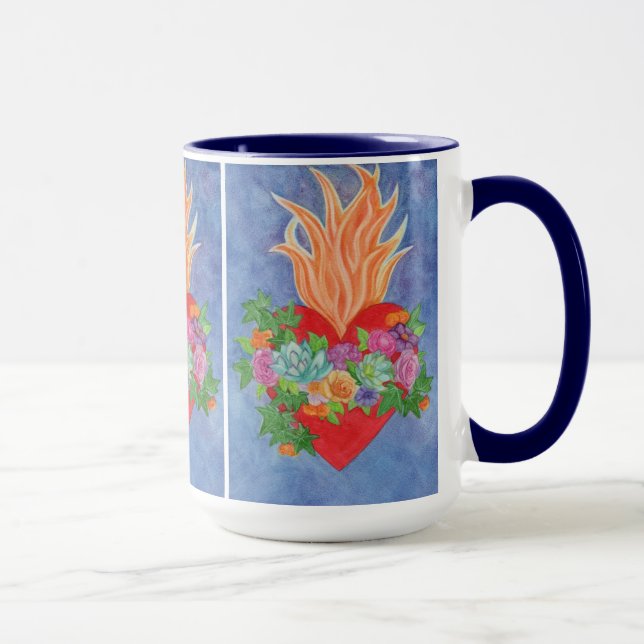 Caneca Azul-aquarela de coração sagrado (Direita)
