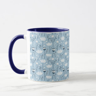 Caneca Azul Branco Azul-Marinho Florais Caprichosos em Aq