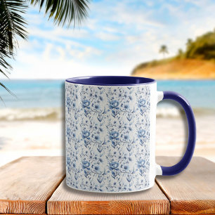 Caneca Azul Branco Floral Toile Chinoiserie Aquarela