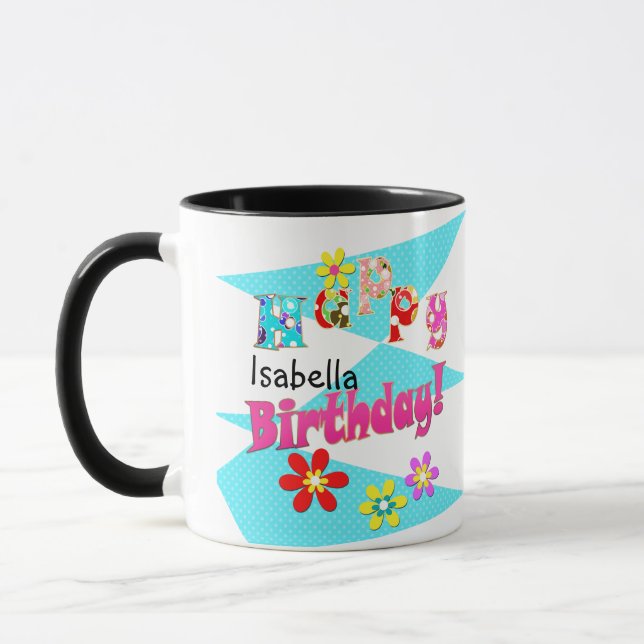 Caneca Azul brilhante branco rosa crianças diversão flore (Esquerda)