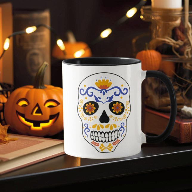 Caneca Azul Crânio De Açúcar E Laranja (Criador carregado)