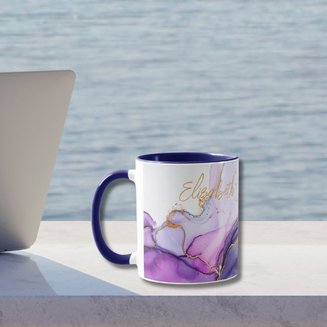 Caneca Azul Dourado Púrpura Nome Monograma de Cor de Água (Monogrammed Name Blue purple gold alcohol ink watercolor Two tone colored mug)