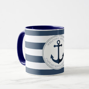 Caneca Azul e branco listrados com âncora personalizada