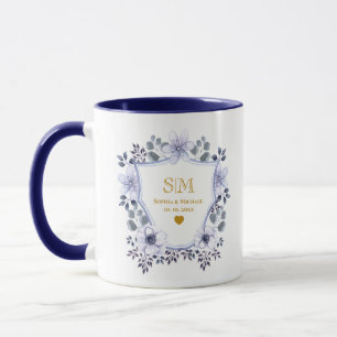 Caneca Azul Empoeirado Floral Casamento e Ouro I Aniversá