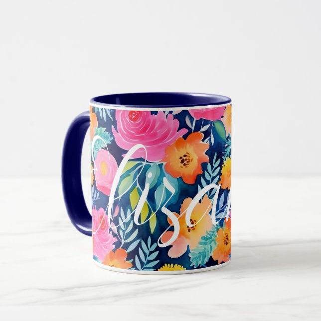 Caneca Azul escuro Cor-de-rosa-quente Amarelo feliz Nome  (Frente Esquerda)