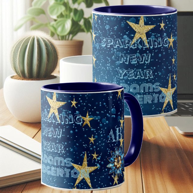 Caneca Azul Espumante Ano Novo Estrelas de Brilho Festa F (Blue Sparkling New Year Glitter Stars Floral Party Mug)