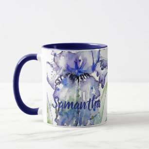 Caneca Azul Iris Art Flor Aquarela Mulher Mug