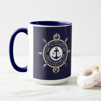 Caneca Azul Marinho e Bege Redondo com Bússola Costeira