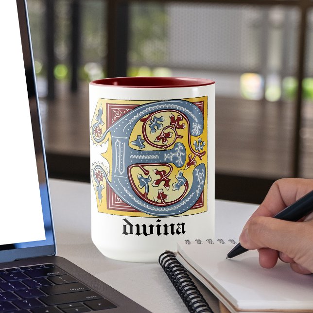 Caneca Azul Medieval e Vermelho Ivy Iluminado - Letra E (Criador carregado)
