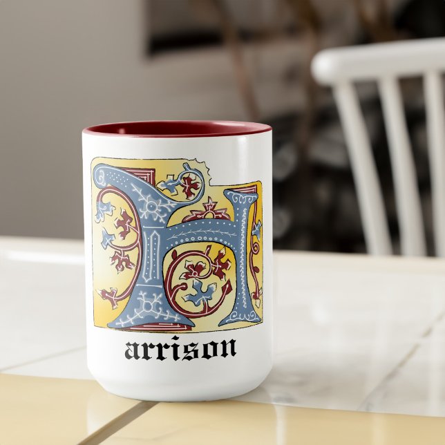 Caneca Azul Medieval e Vermelho Ivy Iluminado - Letra H (Criador carregado)