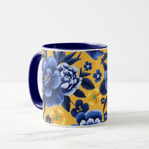 Caneca Azul Negrito e Amarelo Floral sobre fundo Amarelo