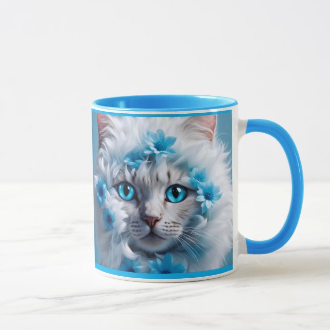 Caneca azul regular com gato branco lindo (Direita)