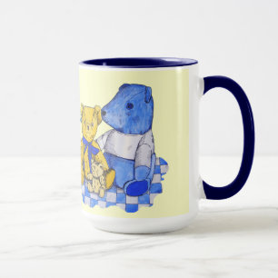 Caneca azul verifique o pano de piquenique com três ursi