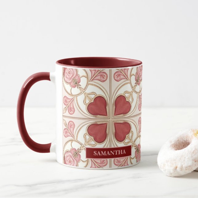 Caneca Azulejo de Bistrô Elegante para o Dia dos Namorado (Com Donut)