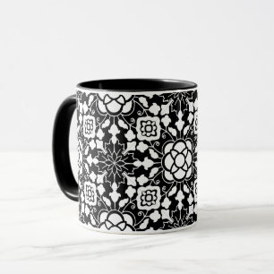 Caneca Azulejo Floral marroquino, Black and White Mug