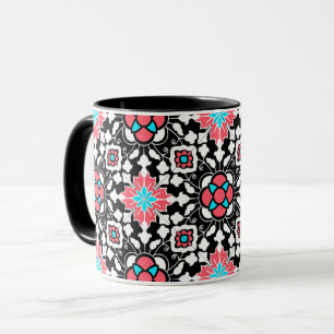Caneca Azulejo floral marroquino, preto, branco e rosa-co