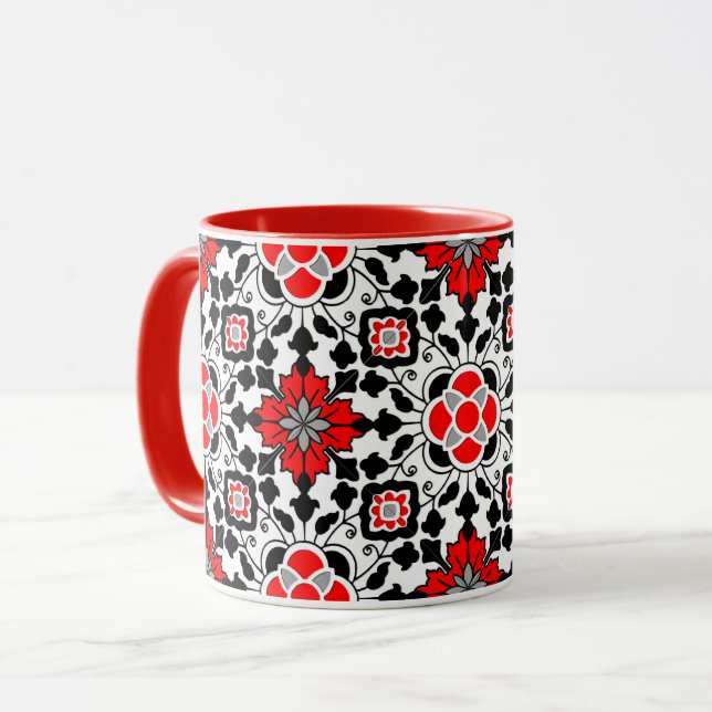Caneca Azulejo Floral marroquino, Vermelho Profundo, Pret (Frente Esquerda)