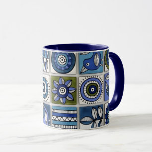 Caneca Azulejos Cerâmicos de Pássaros e Flores Abstratos