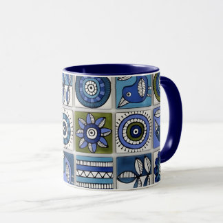 Caneca Azulejos Cerâmicos de Pássaros e Flores Abstratos