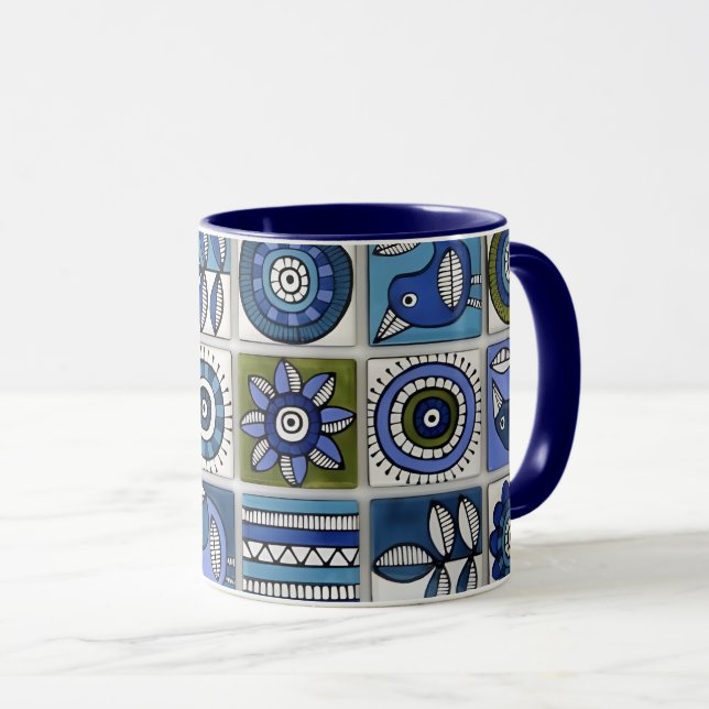 Caneca Azulejos Cerâmicos de Pássaros e Flores Abstratos (Frente Esquerda)