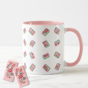 Caneca Azulejos de Mahjong Rosa Menina Floral
